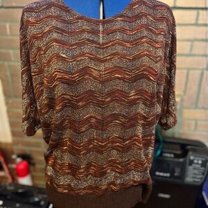 Dressbarn Women’s 3X Metallic Zig-Zag Knit Top Brown Copper Plus Sz